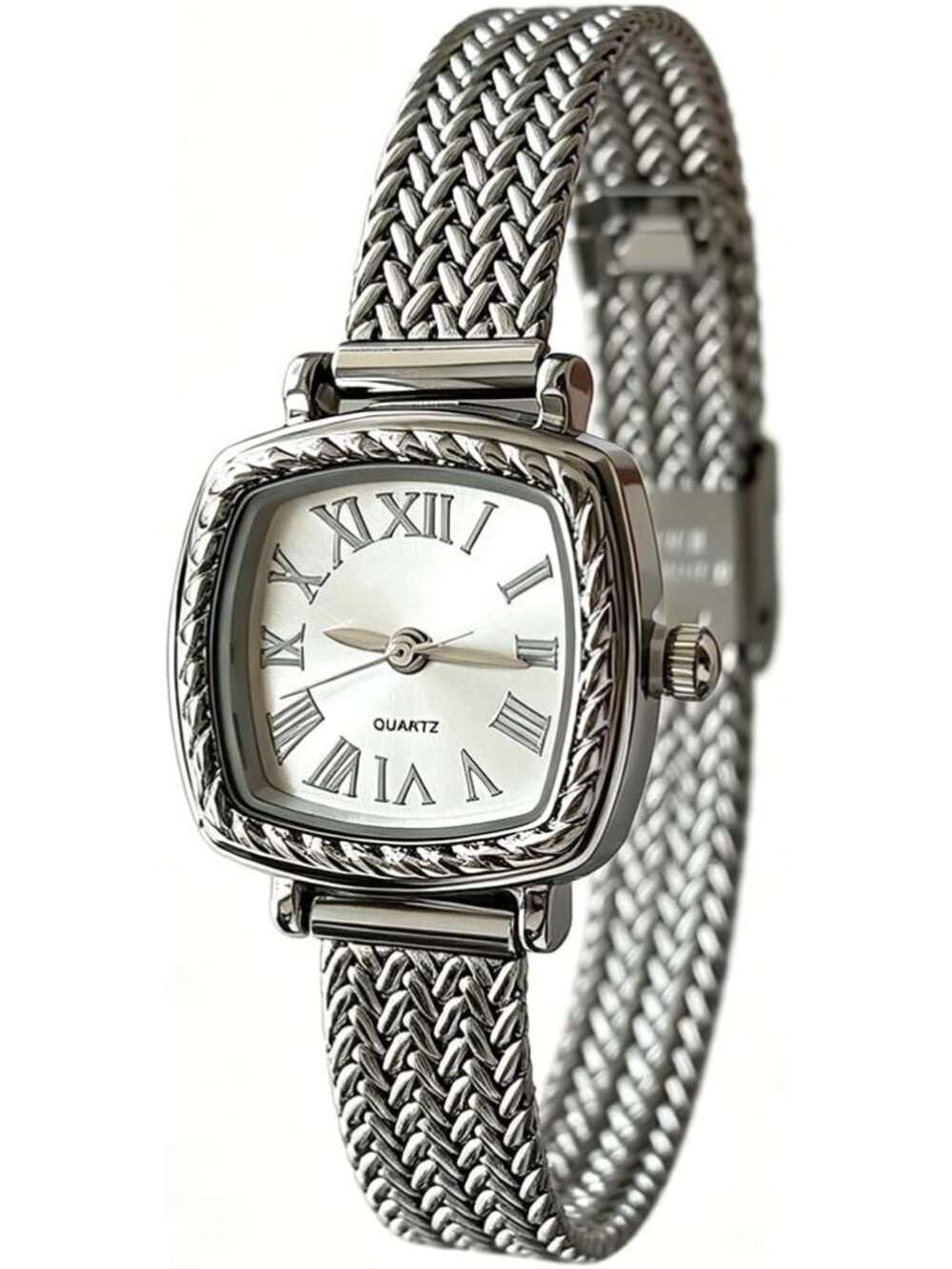 Women's Silver Vintage Square Roman Numeral Braided Mesh Band Quartz Watches